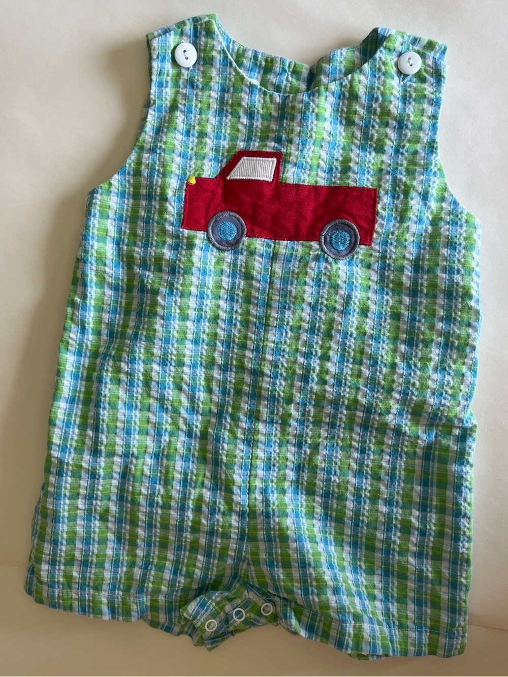 Classic Green Plaid Seersucker Baby Romper with Red Truck Applique